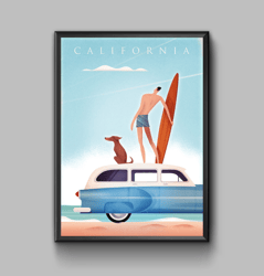 Surf up in California vintage travel poster, digital download