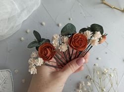 Terracotta wedding hair pins Greenery eucalyptus bridal hair piece Fall wedding babys breath flowers hair accessories