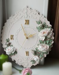 Unique wall clock with 3D peonies Shabby chic decor Large wall clock Wedding gift Housewarming gift Cute wall clock