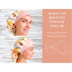 Scrub Cap Style 8 Bouffant Ponytail Sewing Pattern, Double Style Scrub Hat Pattern Printable, Surgical Hat Pattern, Medi