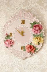 Pink wall clock with roses Shabby chic wall decor Large wall clock for Farmhouse Wedding gift clock Housewarming gift