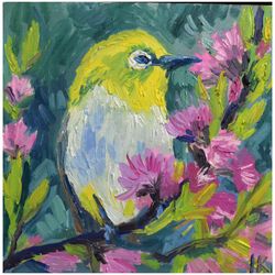 Yellow bird painting, oil on canvas, Original birds wall art