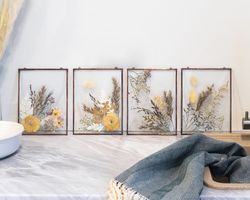 Set of 4 pressed flower frame botanical art collage beige flower