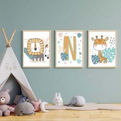 Personalized Baby animal wall decor set of 3, safari nursery print giraffe lion, jungle nursery decor, digital print