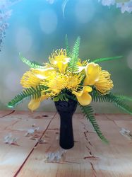 Yellow Calla Lily and Pincushion Protea Bouquet, Exotic Floral Centerpiece, Exotic flower bouquet in vase, Table decor