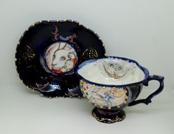 Cobalt Blue Tea Cup and Saucer Set Alice Wonderland Surprise mug Smile Cheshire cat Texture mug gold painting Porcelain
