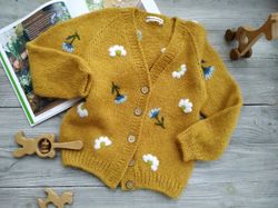 Knitted button-down sweater with flower embroidery for baby, girl. Custom personalized soft cardigan with kids name