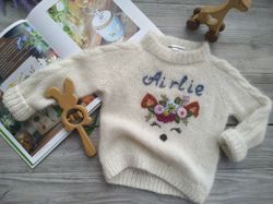 Knit sweater with embroidered baby's name, fox. Personalized custom wool sweater for kids, girls. Gift for goddaughter