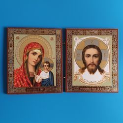 Orthodox foldable wooden icon Jesus Christ and Kazan Mother of God 9x5.2 inches free shipping