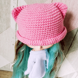 Blythe hat crochet pink Cat for custom blythe doll clothes blythe panama doll accessories