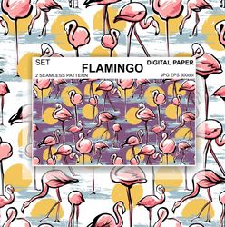 Flamingos Seamless Pattern Digital Paper Endless Background Vector Set Wallpaper  Design Surface Fabric Scrapbooking