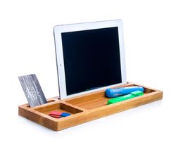 Desk organizer Catchall tray iPad and iPhone stand Kitchen tablet wood holder Office desk accessories for men Valet tray