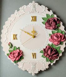 Large wall clock with 3D roses for cottage Shabby chic wall decor Kitchen wall clock Wedding gift Housewarming gift