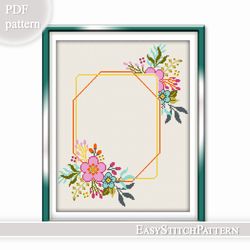 Floral border cross stitch pattern. Floral Wreath cross stitch pattern. Flower frame.