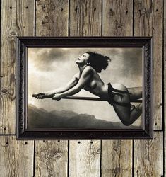 naked witch on a broom flies to the sabbath. william herbert mortensen photography art poster. witchcraft art print. 264