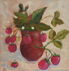 Strawberry Original Oil Painting Berry Artwork Still Life Wall Art