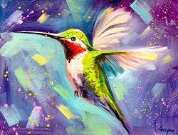 Hummingbird Painting Floral Painting Bird Original Art Oil Painting Animal Painting Small Artwork 9 by 7 KatrinaOrlovaAr
