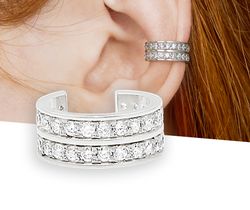 Silver ear cuff with gems, Crystals ear cuff earring no piercing