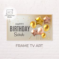 Samsung Frame TV Art | Custom Personalized Gold and Pink Balloons Happy Birthday Art for The Frame Tv