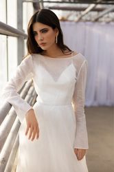 Boho wedding gown, long sleeves, organza bridal gown with train
