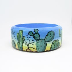 Hand-painted wooden bangle with cactuses