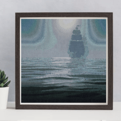 Minimalist Seascape Wall Art Decor, Finished Cross Stitch, Sea Embroidery Art Print, Sailboat Wall Art, Original Gifts,
