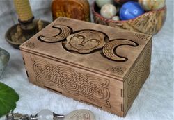 Box with Secret lock. Wooden Viking box with Celtic triple moon. Hidden lock box.