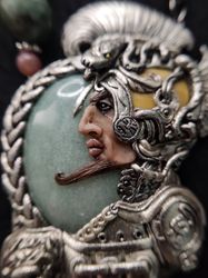 Aztec Warrior Necklace, Warrior Cameo, Aventurine Necklace, Silver Art Necklace