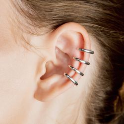 Silver ear cuff no piercing, Fake piercing earring