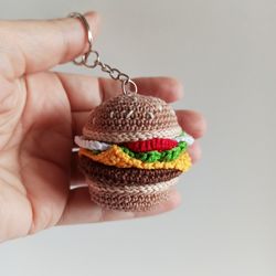 Crochet keychain hamburger, crochet car hanging, cute car accessories, rear view mirror decor, cute bag charm,mini toy