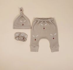 Christmas baby outfit set of 3: pants, knot hat and mittens, Christmas baby boy outfit, Christmas baby girl outfit
