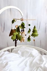 Deer in the green forest felt baby crib mobile, Woodland nursery cot mobile, Wild forest animals baby mobile