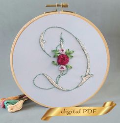 Floral alphabet letter D pdf hand embroidery beginner Flower monogram ribbon embroidery