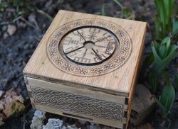 viking wooden box with vegvisir. viking secret box. hidden lock box. wooden carved celtic box.