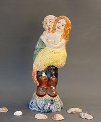 mermaid figurine couple in love fisherman figurine nude woman original sculpture funny ceramic figurine marine sculpture