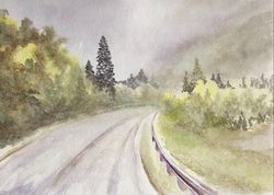 Road original watercolour painting forest mountains landscape wall art
