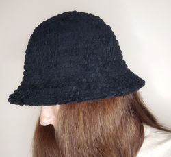 Plush bucket hat hand knit Fluffy bucket hat for women Black bucket hat crochet