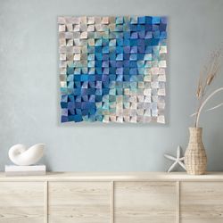 Wood wall art, home decor, abstract mosaic artwork  "Ice Blue"
