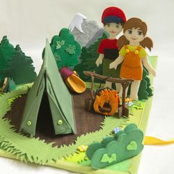 3D Camping Quiet book - Felt play set: trailer, backpacks, sleeping bags - Dress up dolls and clothes - Kids board play