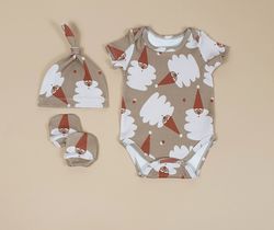 Christmas baby outfit set of 3: onesie, knot hat and mittens, Christmas baby boy outfit, Christmas baby girl outfit