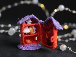 Witch house tiny crochet halloween miniature micro witch doll and tiny ghost in fairy house micro crochet tiny house
