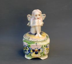 flower Fairy figurine Porcelain jewelry box Nude girl figurine Ceramic casket with lid Fairy butterfly sculpture Pansies
