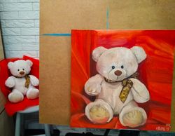Bear painting, Original painting, Oil painting, Teddy bear art, Red painting