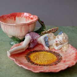 Fairy tea cup and saucer set Pink flower Sleeping fairy Porcelain figurine eautiful figurine of a fabulous girl