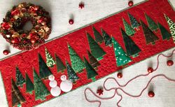 Quilted Christmas, Christmas trees with snowmen quilted, Long table runner, Bed topper, Holiday tablecloth, Table topper
