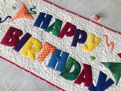 Quilted Happy Birthday table runner, Birthday handmade tablecloth, Quilted table topper, Birthday placemat, Bed topper