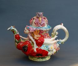Beautiful teapot Flower Fairy Figurine Irises Poppies flowers Handmade Ceramic  Ceramic Teapot Elf Fairy butterfly