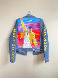 Freddie Mercury Queen Painted denim jacket Hand painted jacket Denim jacket abstract jacket jacket patch  jeans paint