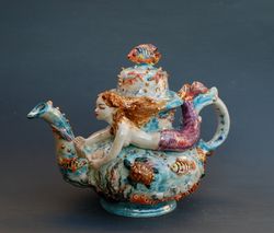 Beautiful Mermaid teapot, figurine, Porcelain art, Teapot figurine, Sea siren,Gold fish,seashells,sea turtle