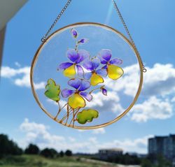 Flower suncatcher Botanical glass art Violet flower home decor Window glass hanging
